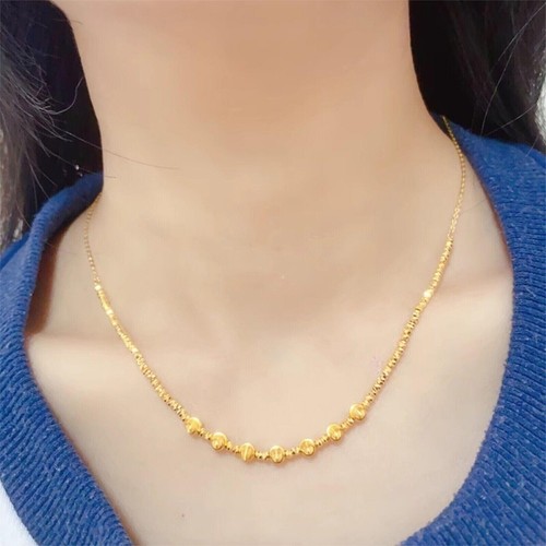 Pure 18K Yellow Gold Chain Women Lucky Carved Laser Beads O Link Necklace - Picture 4 of 6