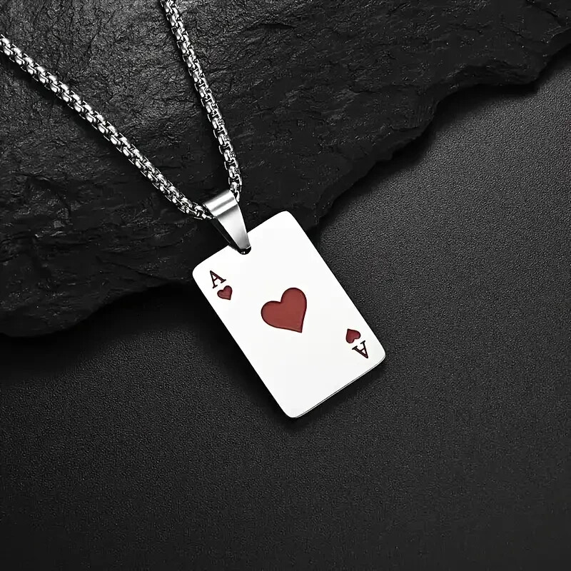 Red Heart Ace Stainless Steel Card Poker Pendant Men Chain Necklace