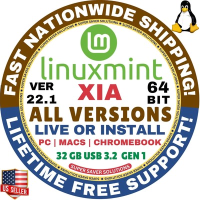 Linux OS MINT 22.1 XIA Cinnamon 64-Bit Live Boot USB, Full Install for MAC, PC