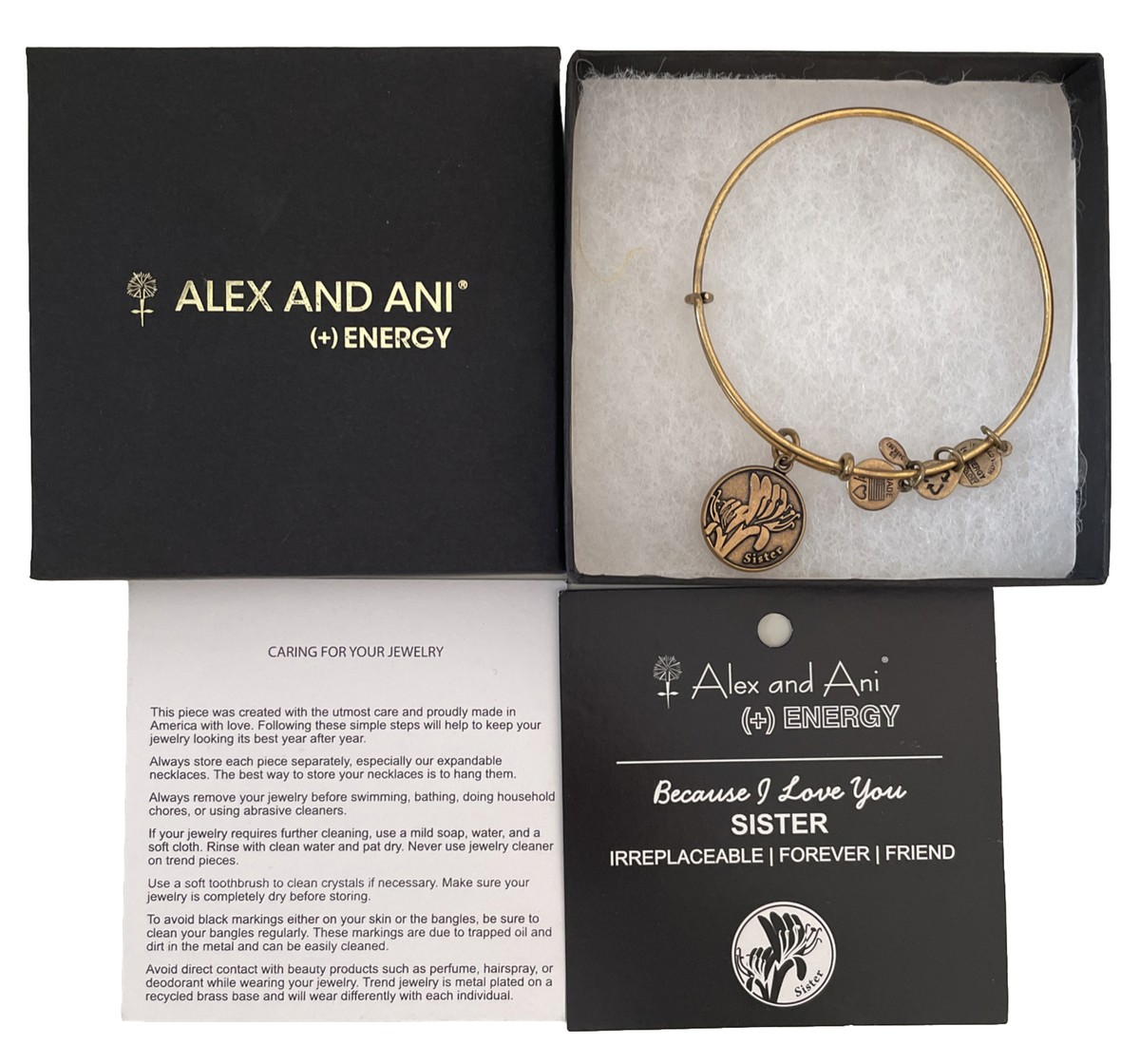 Alex and Ani Because I Love You Sister Floral Gold Wire Bangle