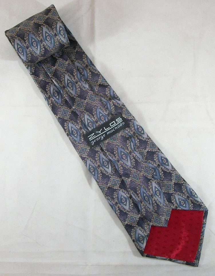 Corbata ZYLOS GEORGE MACHADO Azul Oscuro Óvalos Floral Cuadros Seda 59"Lx4"W (F180) Foto 3 de 3