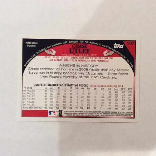 2009 Topps #200 Chase Utley Philadelphia Phillies - Foto 2 di 2