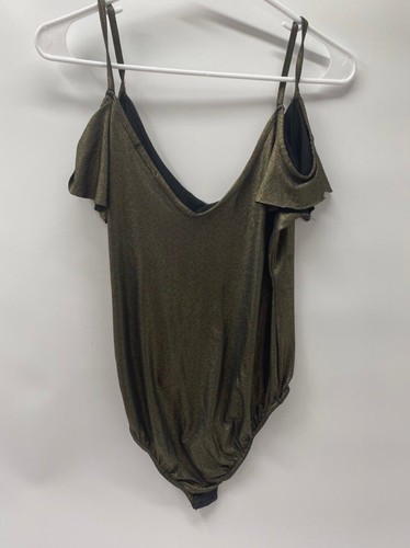 Ayanapa Women bronze Metallic Bodysuit. Size 12 Ruffle Preown - Picture 3 of 4