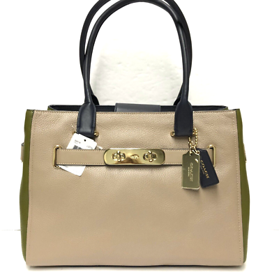 Coach Swagger Carryall Colorblock Leather Tote Satchel STONE Green 