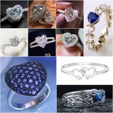Romantic 925 Silver Ring Heart Women Cubic Zircon Wedding Jewelry Sz 6-10