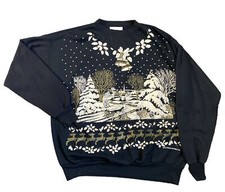 Vintage 80  s Christmas Sweatshirt Black Grandma Winter Scene Turtle Bay