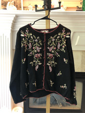 Tiara International Women  s Black Knitted Floral Embroidered Cardigan Button Up