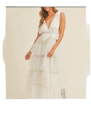MABLE Maxi Dress Womens Size Medium Cream Tulle Ruffles V Neck Sleeveless NEW