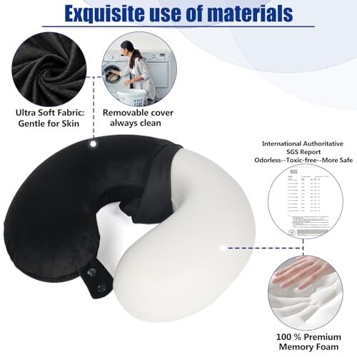 Memory Foam Travel Neck Pillow for Airplanes in Black