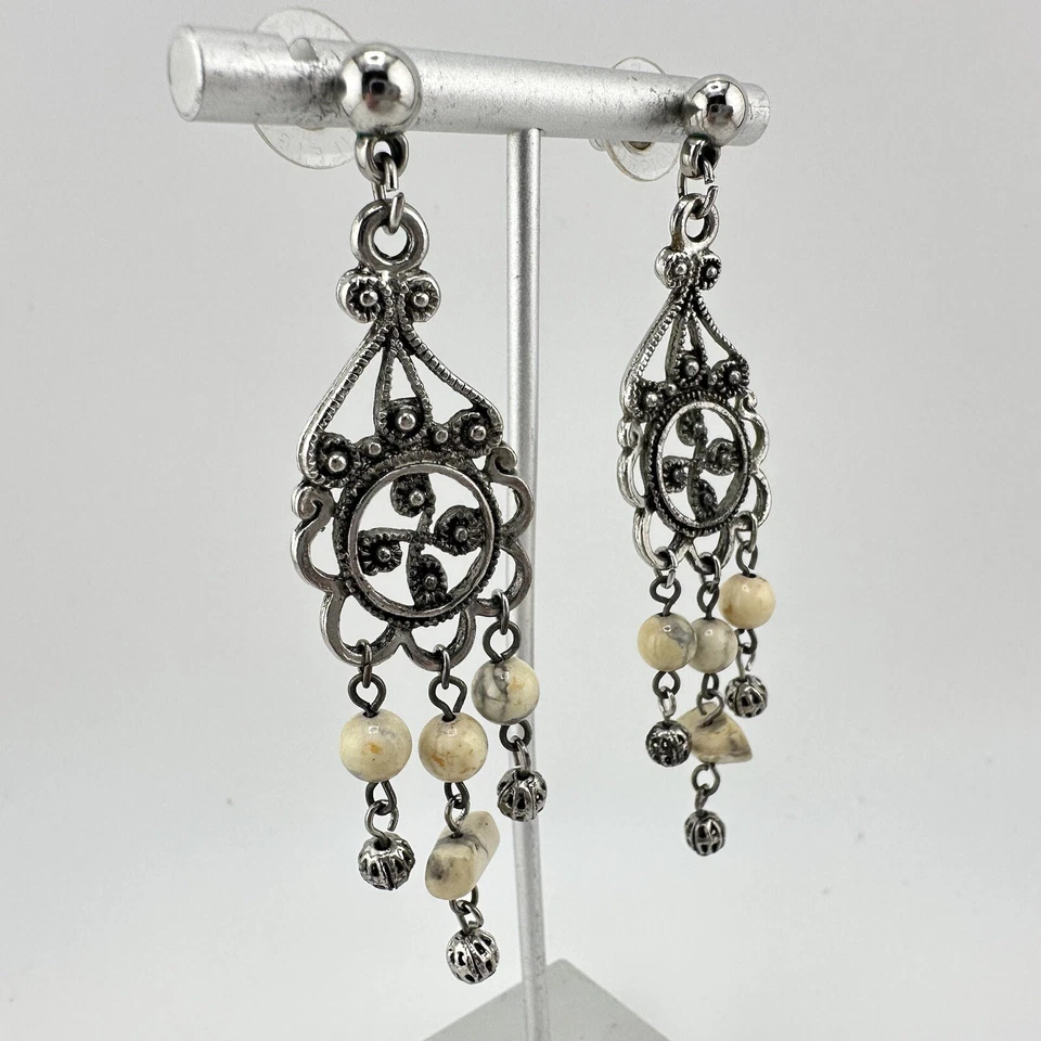 Vintage Style Chandelier Cream Agate Bead Silver Tone Dangle 3” Earrings - Image 2 of 4