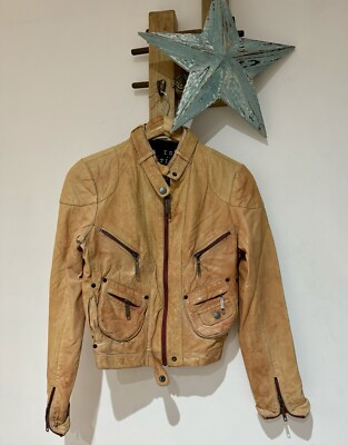 Rare Y2K Vintage RIVER ISLAND Butter Tan Distress Leather Moto