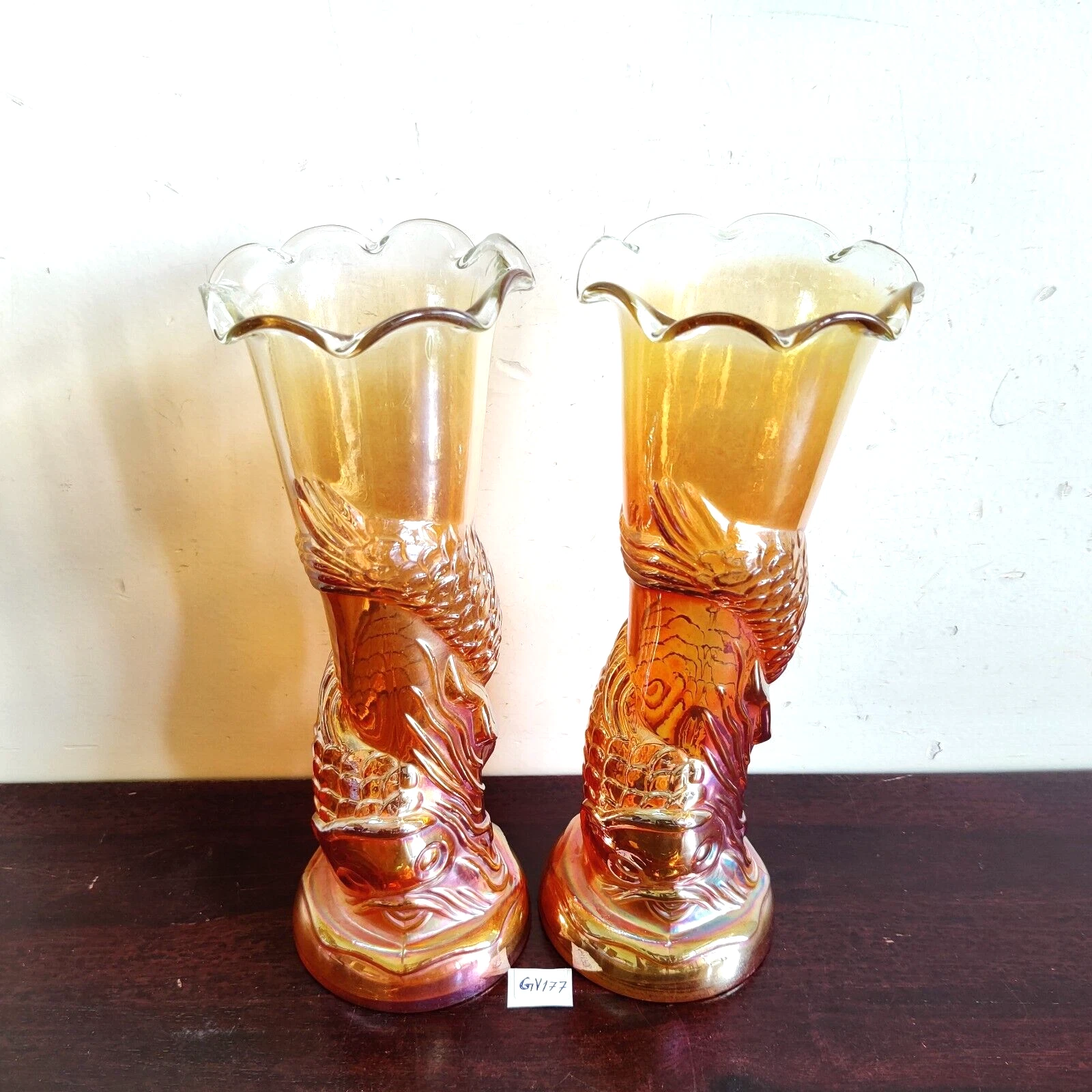 1940s Vintage Pesce Design Fiore Vaso Carnival Vetro Marigold Paio Vecchio GV177