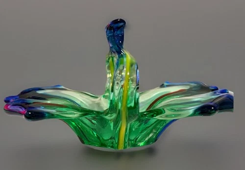 Murano Style Art Glass Basket Bowl Green Blue Ribbon Handle Vintage 4.5”