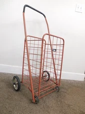 50s MCM RED Collapsible Industrial Wire Laundry Shopping Cart Easy Wheels Orig