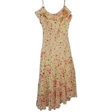 Vintage 90s Yellow Floral Midi Slip Dress Asymmetric Hem Sheer Overlay Ruffle 