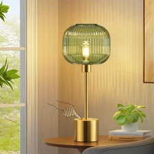 QiMH Glass Table Lamp for Living Room, Modern Bedside Lamp with Green Ribbed ...