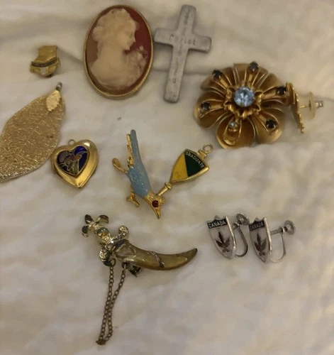 Lot Of Vintage 12 pc. Costume Jewelry; Mixed Styles = Brooch, Pins, Cuff Links +