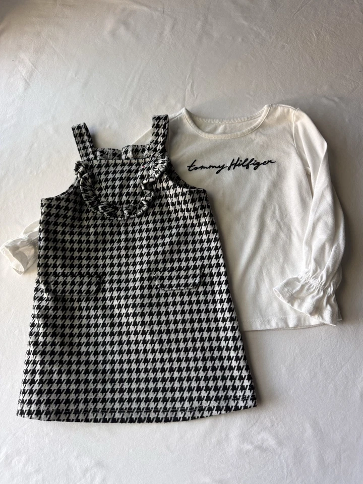 TOMMY Hilfiger NIÑAS Vestido Jersey Pata de Gallo Negro Blanco Manga Larga Top Lote 3T Foto 2 de 4