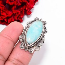 Natural Larimar Fine Art Oxidised 925 Sterling Silver Ring S.10 R102434