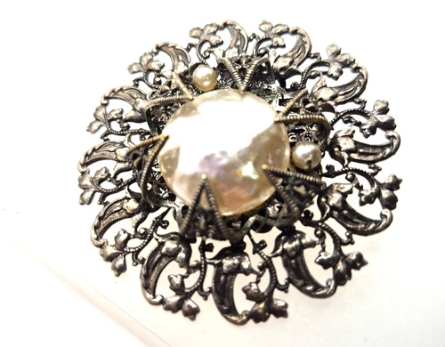 Vintage Miriam Haskell Signed Silvertone Baroque Faux Pearl Wired Brooch 2.5"