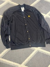 Vintage 90 Adidas Bomber Jacket Mens XL Black Gold Striped Satin Snap Button Y2K