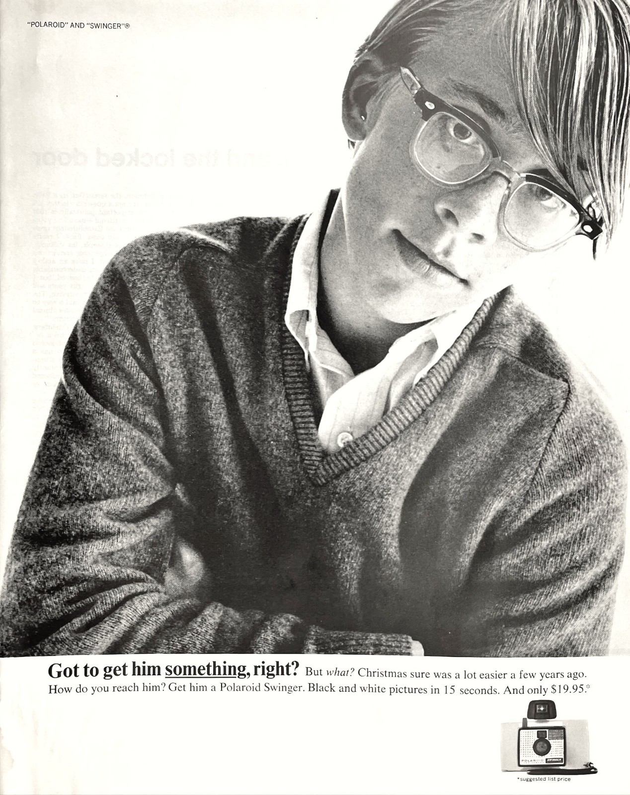 Swinger Camera Polaroid Boy Glasses Christmas Gifts B&W Photo Vtg Mag Print Ad