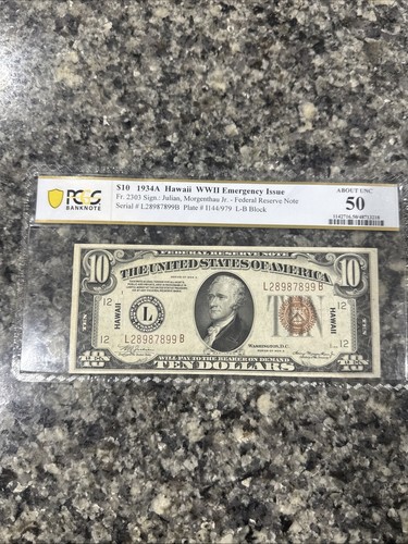 1934 A Hawaii WWII Emergency Note United States 10 Gold Seal PCGS 50