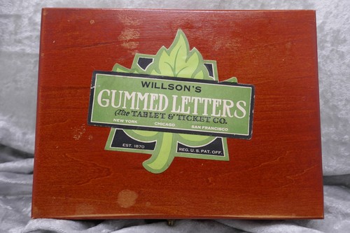 Vintage Willson's Wood Box Filled With Gummed Letters - The Tablet & Ticket Co
