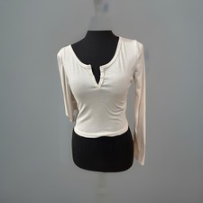 Dazy Women's Solid Half Button Ribbed Knit Crop Tee Cream Long Sleeves Small