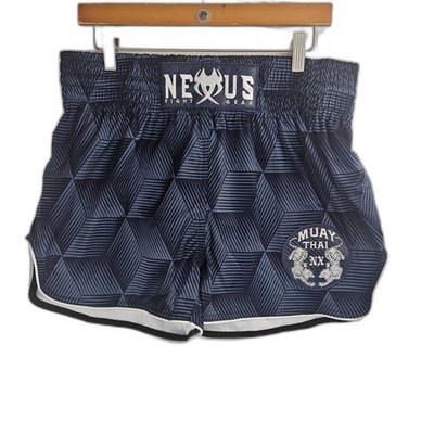 NEXUS Fight Gear XL Maui Thai Satin Shorts Blue Patterned Patches EUC Tiger Logo