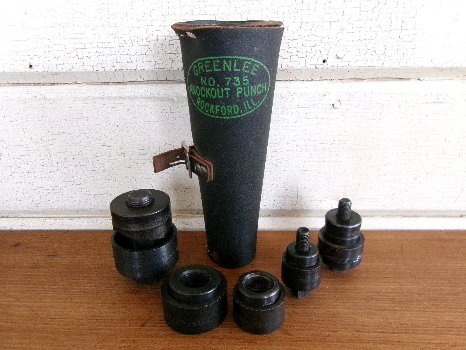 Vintage Greenlee Knockout Punch Set Tool No. 735 in Leather Sheath Made in USA