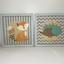 Woodland Fox  Hedgehog Nursery Wall Art Prints Set of 2 Framed 12" x 12"