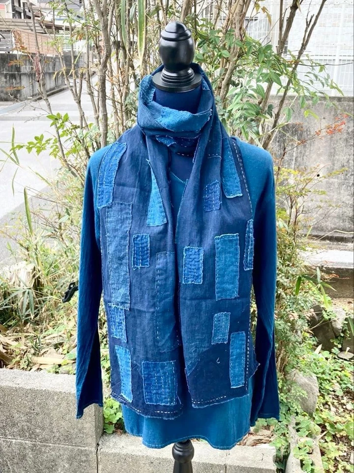 Bufanda vintage de algodón con retazos Sashiko estola boro índigo japonesa hecha a mano 12x75 Foto 2 de 4