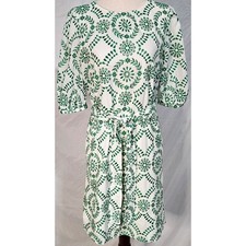 Ann Taylor Shift Dress Small White Green Eyelet Embroidered Floral Puff Sleeve