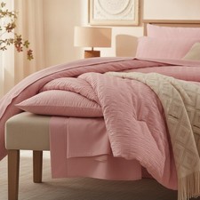 Twin Comforter Set, 5 Pieces, Pink Seersucker, Microfiber, Bed in a Bag