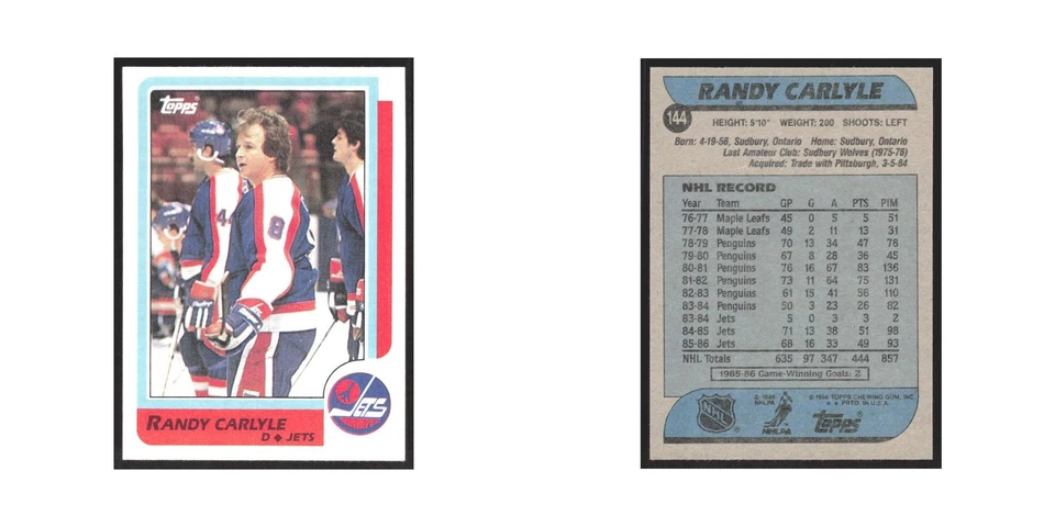 1986 Topps Randy Carlyle Winnipeg Jets #144 - Image 3 of 3
