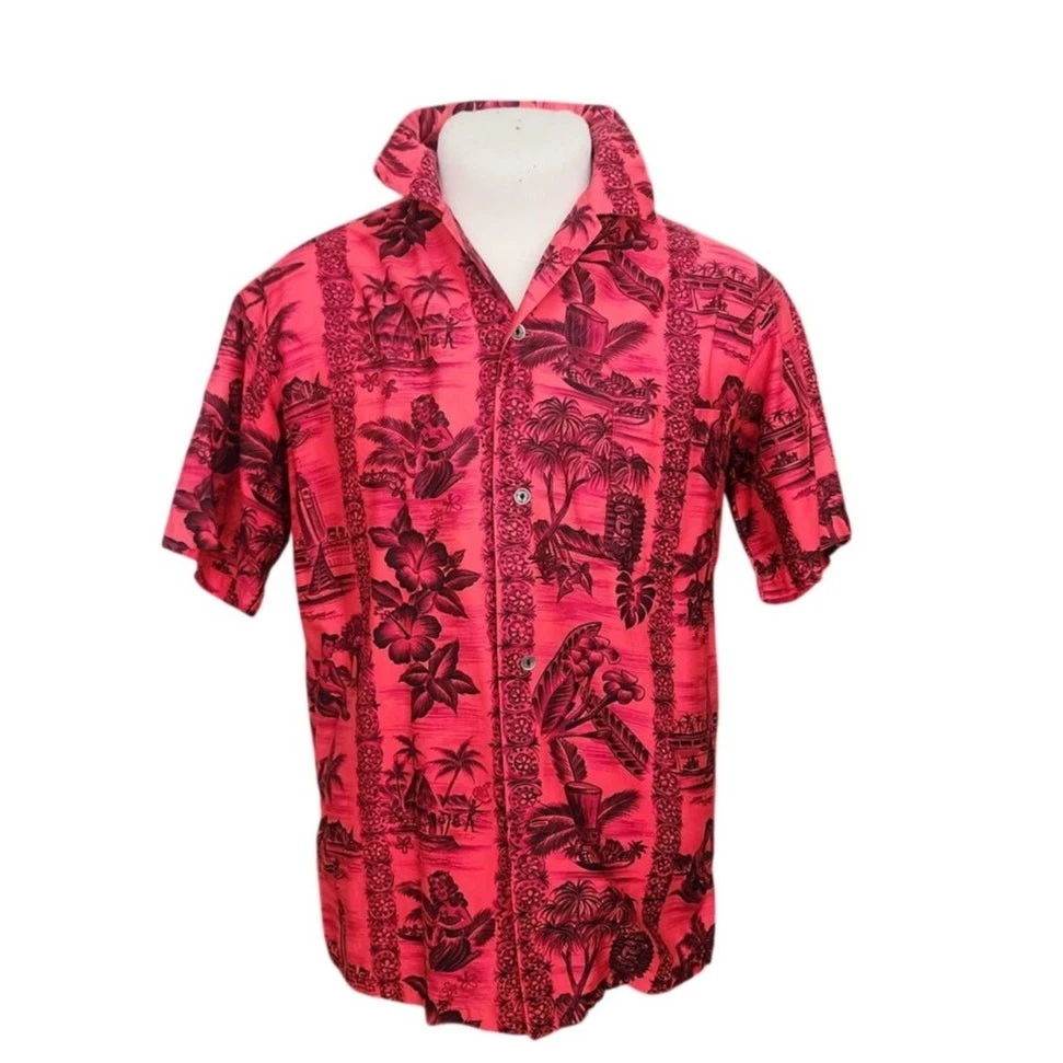 Vintage 60s Men's Red Hawaiian Shirt Surf Scenic Tiki Huts Cotton Short Sleeve
Opens in a new window