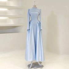 New Evening Dress High Neck Long Sleeves Crystal Pearls A Line Prom Gowns