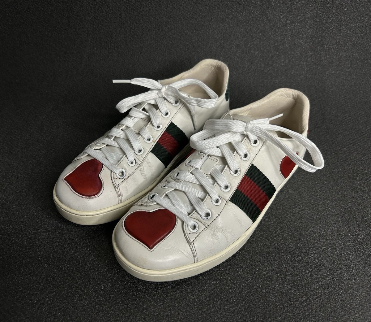 GUCCI フラットシューズ ハートプリント Gucci Ace Heart Leather Web Stripe Shoes White Sz 37 Us 7 | eBay