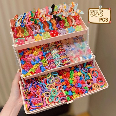 555pcs Girls Hair Accessories Set with Butterfly Clips Ties Elastic Bands