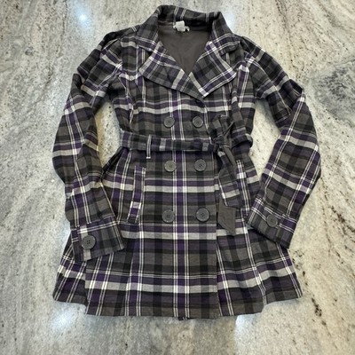 Y2K Self Esteem Women s Medium Purple Gray Plaid Pea Coat Belted Buttons Preppy