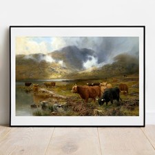 Art print Highland Cattle by a Loch by Hurt giclee print poster gallery wall Art