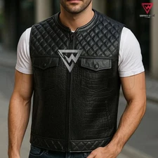 Mens Motorcycle Leather Biker style Black Crocodile Leather vest, Custom Vest