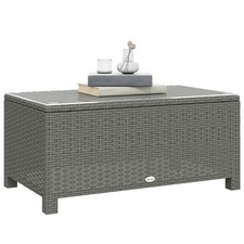 Outsunny Garden Rattan Side Table, Wicker Coffee Desk, Glass Top, Light Grey