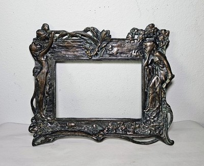 Antique Cast Iron Copper W/ 2 Female on Garden Cast Picture Frame 12.5''x10.5''