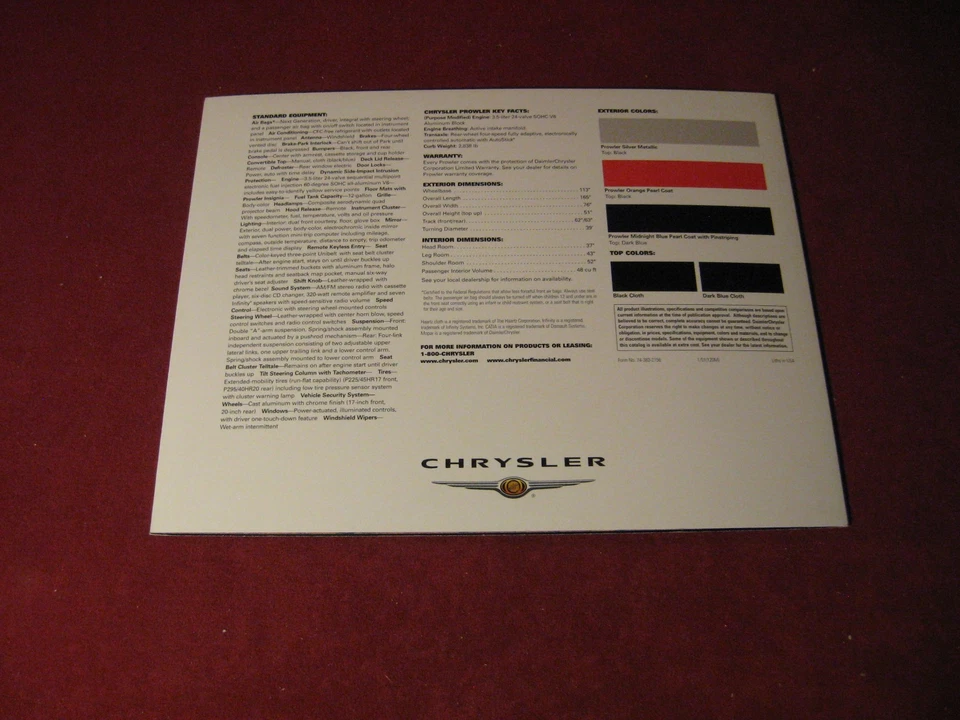 Chrysler Plymouth Prowler 2000 folleto de ventas catálogo original antiguo Foto 4 de 4
