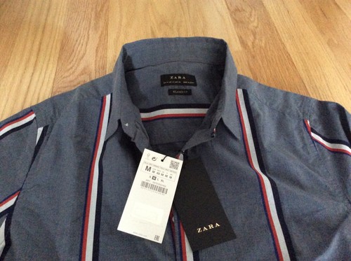 NWT Zara Red Blue White Stripe Relaxed Fit 100% Cotton Men’s Shirt Size M - Picture 7 of 8