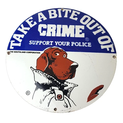 Vintage McGruff Crime Dog Sign - Porcelain Support Police Gas Pump Plate Sign
