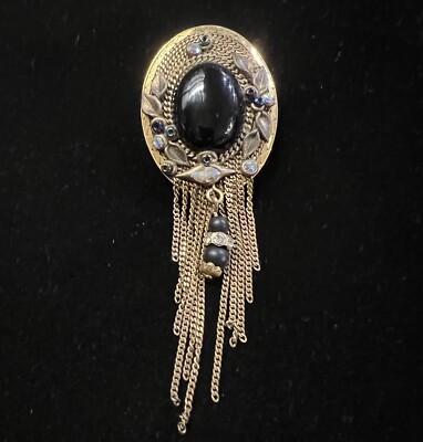 Vintage Marena Germany Black Cabochon Crystal Dangle Chain Brooch Pendant 637