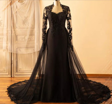 Gothic Black Wedding Dresses Long Sleeved Detachable Train Mermaid Bridal Gowns